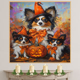 Fall Halloween Papillon Dog Canvas Artwork with Pumpkins Rustic Thanksgiving Wall Decor for Farmhouse and Pet Lovers on Ready to Hang 1.5" Thick Canvas Wrap, Floating Framed Canvas, Flat Rolled Canvas